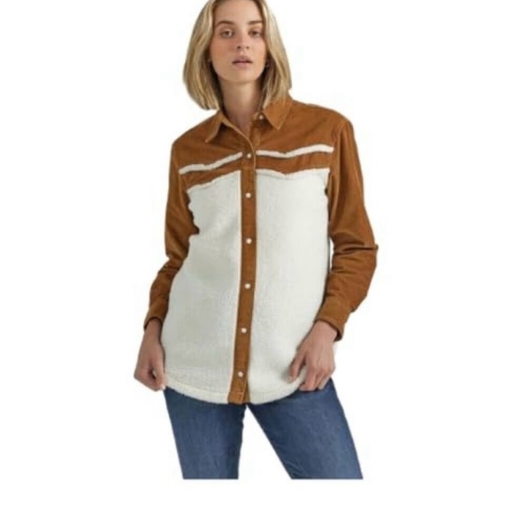 Wrangler Retro Women's Long Sleeve Sherpa Snap Shacket Shirt Jacket White/Brown